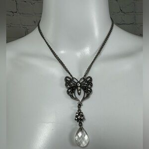 Double chained butterfly crystal pendant necklace
